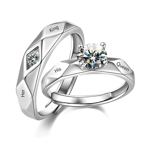 Copper Couple Rings Silver Plated Cubic Zirconia Adjustable Open Jewelry Engraved Her King His Queen Romantic Promise