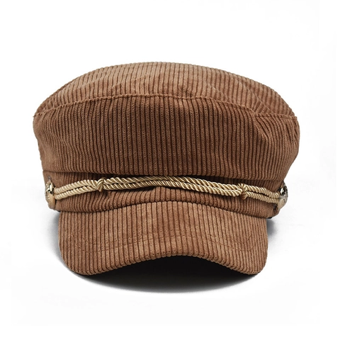 Casquette Gavroche Femme Velours Côtelé Chapeau De Marin Plat Avec Corde Tressée Et Bouton Métal Style Rétro Ajustable