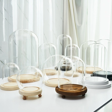 Clear Glass Display Dome Cloche With Wooden Base Dustproof Case For Preserved Flower Action Figures Home Decor