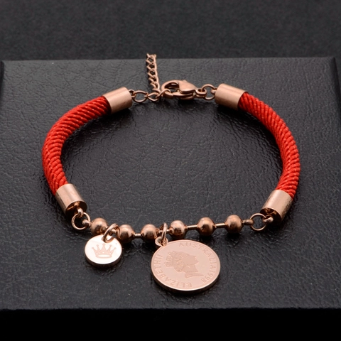 Red String Bracelet For Women With Stainless Steel Coin And Crown Pendant Adjustable Woven Cord Fashion Jewelry Gift