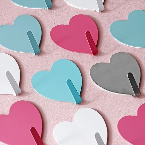 Japanese Style Pink Heart Bow Shaped Wall Hooks Iron Adhesive Decorative Hooks For Room Storage Organization Durable Colorful Heart Hooks