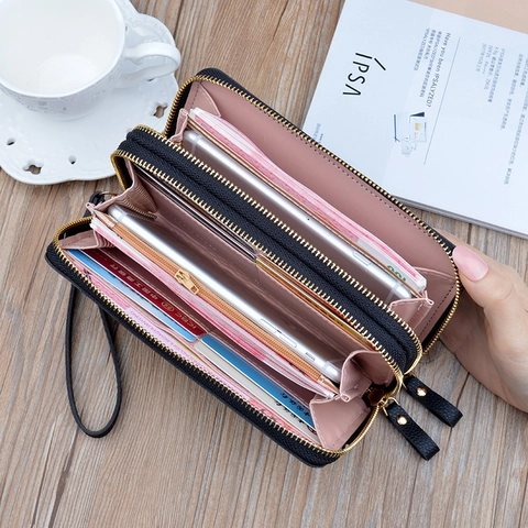 Women Long Wallet PU Leather Lychee Pattern Double Zipper Large Capacity Wristlet Strap Fashion Clover Decor Handbag