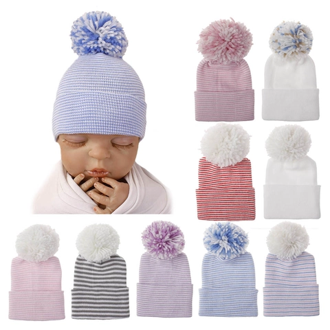 Newborn Baby Striped Knitted Beanie Double Layer Thick Warm Pom Pom Hat For Infants 0-3 Months Winter Toddler Knit Cap