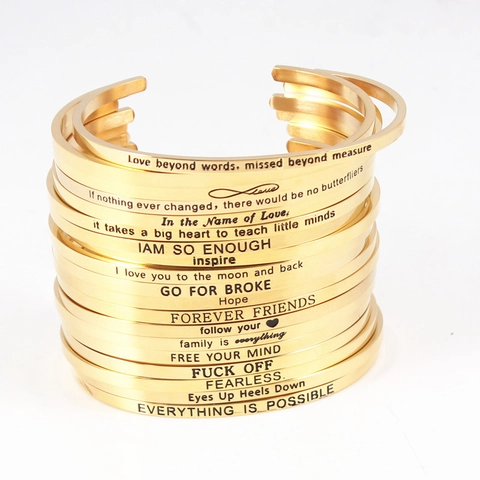 Stainless Steel Open Cuff Bangle Gold Engraved Inspirational Mantra Bracelet Motivational Gift For Women Men