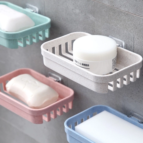 Wall Mounted Soap Dish Holder Wheat Straw Plastic Double Layer Drainage Rack Self Adhesive Punch Free Bathroom Organizer