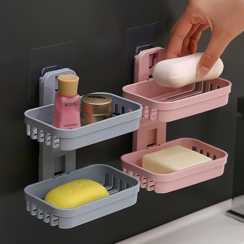 Wall Mounted Soap Dish Holder Wheat Straw Plastic Double Layer Drainage Rack Self Adhesive Punch Free Bathroom Organizer