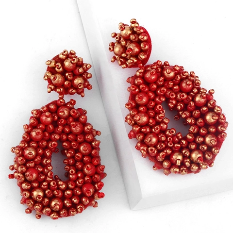Handmade Beaded Dangle Earrings Alloy Hollow Teardrop Bohemian Ethnic Statement Jewelry For Women Vacation Accessory