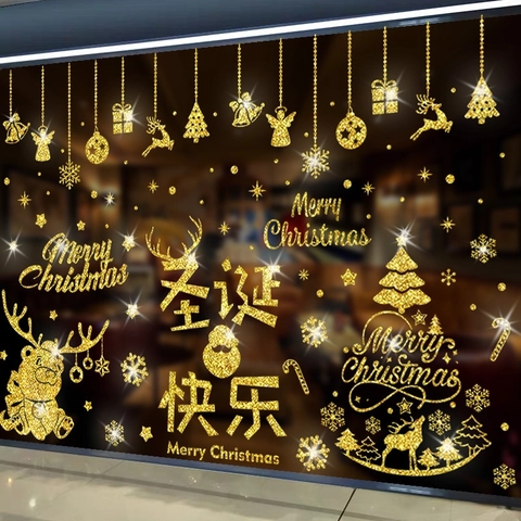Christmas Wall Window Stickers Gold Glitter Reindeer Snowflake Xmas Tree Decals For Home Shop Festive Decor