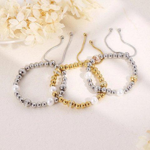 Beaded Bracelet Stainless Steel With Shell Artificial Pearl And Rhinestone Adjustable Slider Chain Elegant Jewelry For Women