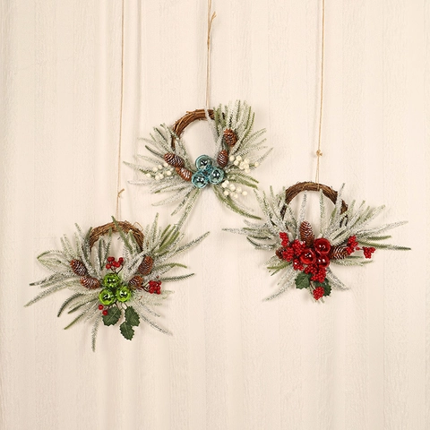 Christmas Wreath Artificial Pine Needle Rattan Ring With Pinecones Berries Bells For Front Door Wall Holiday Home Decor