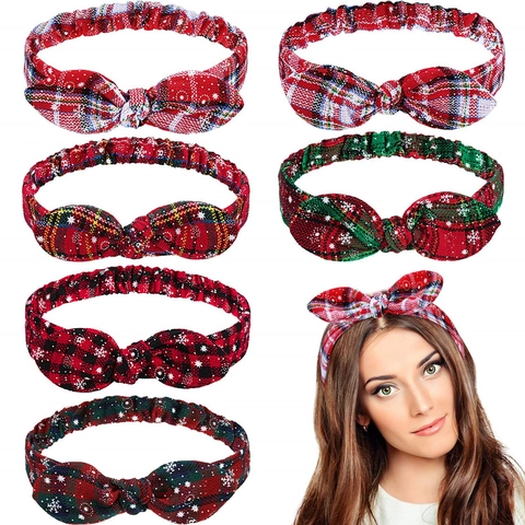 Bandeau De Noël Écossais Pour Femmes Élastique Tissu Tartan Nœud Imprimé Flocon De Neige Accessoires Cheveux