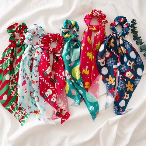 Christmas Hair Scrunchie With Long Streamer Satin Ribbon Bow Elastic Hair Tie Festive Holiday Hair Accessory Women Girls