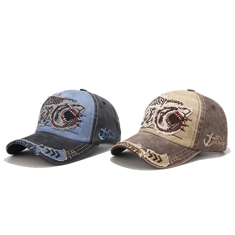 Vintage Gewassen Katoen Honkbalpet Shark Borduurwerk Distressed Retro Hip Hop Trucker Hoed Voor Heren Dames Verstelbaar