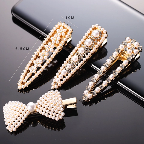 Elegant Alloy Artificial Pearl Hair Clips For Women Shiny Rhinestone Duckbill Clip Sweet Bowknot Floral Geometric Hairpin Headwear Gift