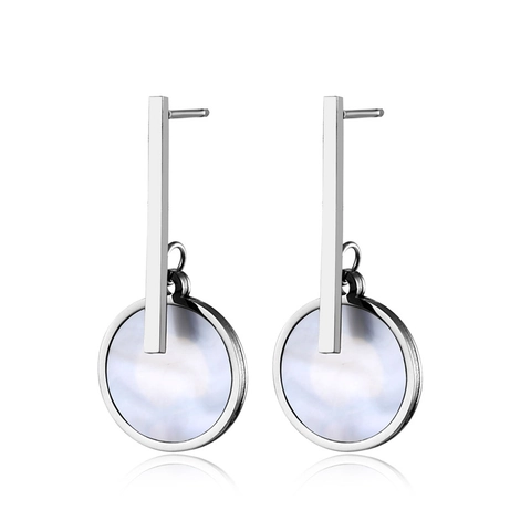 Geometric Round Shell Drop Earrings Titanium Steel Mother Of Artificial Pearl Inlay Elegant Jewelry For Women