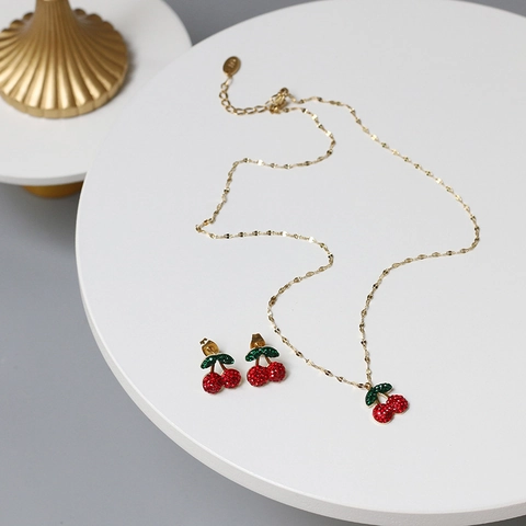 Kirsche Anhänger Halskette Und Ohrstecker Schmuck Titanstahl Rhinestone Frucht Stil Süß Für Frauen Mädchen