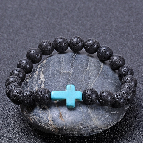 Bracciale Croce Pietra Lavica Roccia Vulcanica Naturale Diffusore Oli Essenziali Gioielli Religiosi Retro Uomo Donna