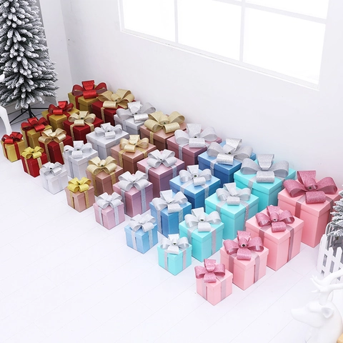 Macaron Color Christmas Gift Box Ornaments Paperboard Square Decorative Box With Glitter Ribbon For Festive Party