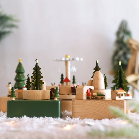 Carillon Di Natale In Legno Rotante A Carica Faggio Babbo Natale Albero Treno Arredo Regalo Bambini