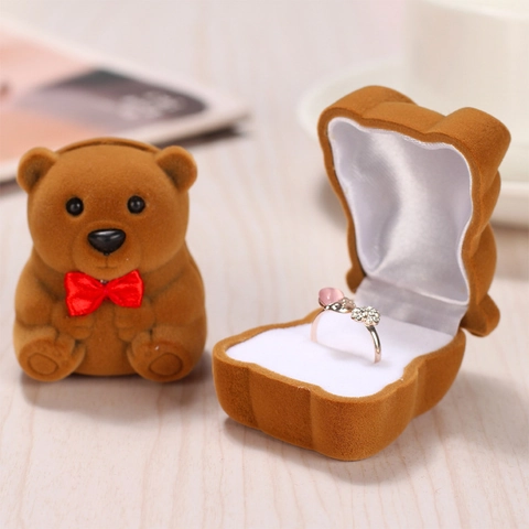 Cute Bear Shaped Jewelry Box Flocking Velvet Ring Case For Proposal Engagement Earring Storage Box With Bowknot Decor