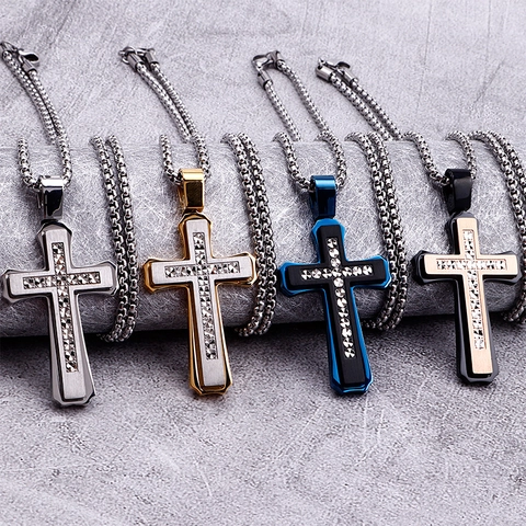 Klassieke Kruis Hanger Ketting Roestvrij Staal Met Zirkoon Ingelegd Hip Hop Religieuze Sieraden Voor Mannen Gothic
