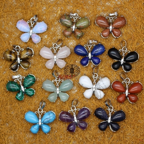 Butterfly Pendant Natural Stone Crystal Amethyst Rose Quartz Malachite Alloy Polished Jewelry Making Accessories Wholesale