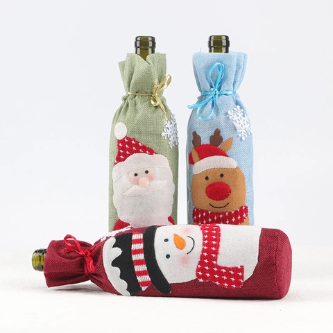 Copribottiglia Di Vino Natalizio In Lino E Juta Babbo Natale Pupazzo Di Neve Renna Motivo Decorazione Tavola Per Feste