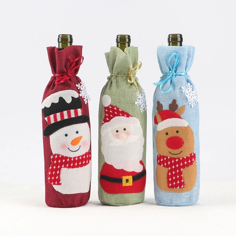 Copribottiglia Di Vino Natalizio In Lino E Juta Babbo Natale Pupazzo Di Neve Renna Motivo Decorazione Tavola Per Feste