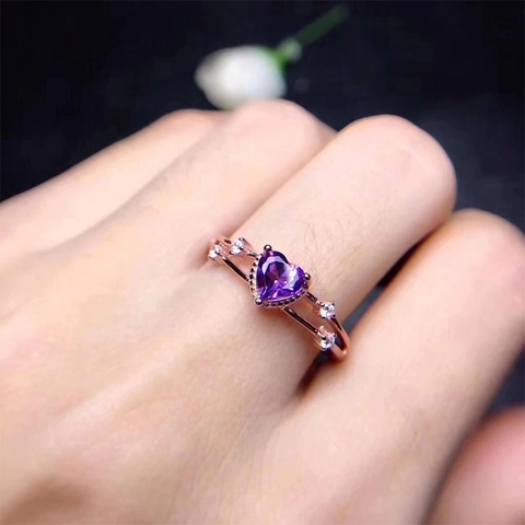 Heart Shape Purple Zircon Ring Rose Gold Plated Copper Double Row Band Adjustable Open Finger Rings For Women
