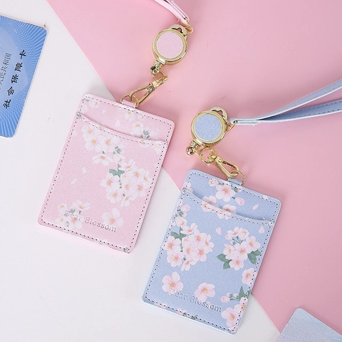 ID Card Holder PU Leather Retractable Lanyard Cherry Blossom Floral Neck Strap For Students Office
