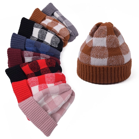 Berretto In Maglia Acrilico Caldo Inverno Autunno Motivo A Scacchi Risvolto Cappello Donna Moda Tempo Freddo