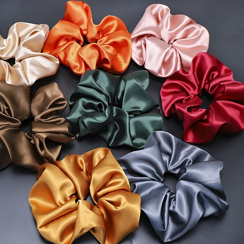 Oversized Satin Hair Scrunchie Satin Fabric Ruched Elastic Hair Band Solid Color Elegant Ponytail Holder For Women