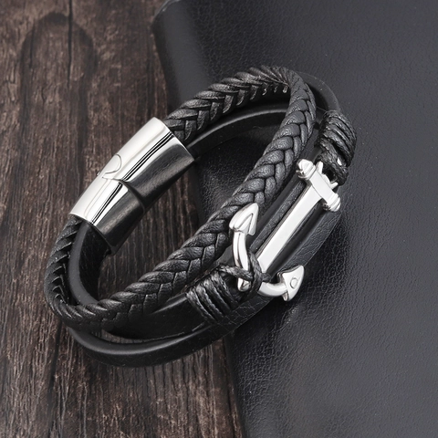 Pulsera De Cuero Trenzado Para Hombre Con Ancla De Acero Inoxidable Multicapa Estilo Náutico Cierre Magnético Vintage