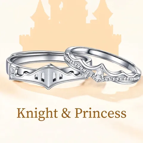 Knight Armor And Princess Crown Couple Rings 925 Sterling Silver Adjustable Open Band With Pear White Zircon For Lovers