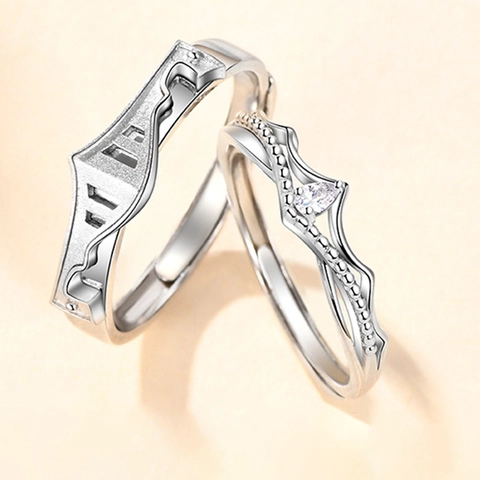 Knight Armor And Princess Crown Couple Rings 925 Sterling Silver Adjustable Open Band With Pear White Zircon For Lovers