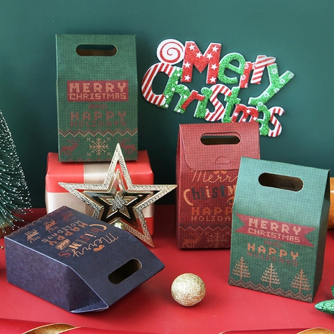 Christmas Gift Boxes Paper Handheld Candy Cookie Packaging Bags Reindeer Tree Snowflake Pattern Holiday Party Favor