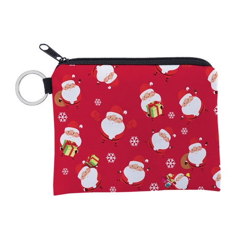 Mini Porte-monnaie de Noël en Polyester Imprimé Père Noël Sac de Rangement Étanche à Fermeture Éclair Porte-clés Cadeau