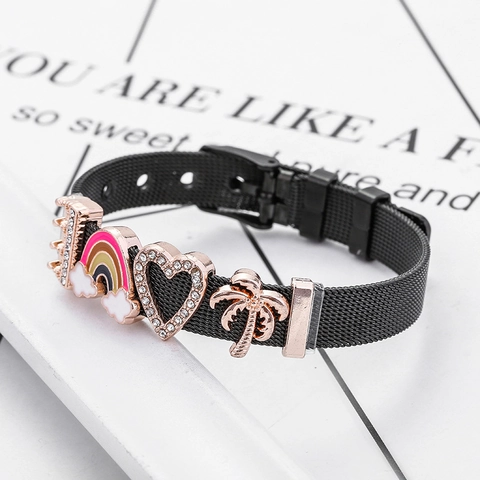 Stainless Steel Mesh Charm Bracelet With Adjustable Band Alloy Enamel Rhinestone Heart Unicorn Jewelry For Women Girls