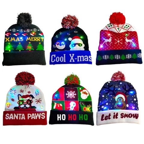 Christmas LED Knit Beanie Hat Acrylic Warm Glowing Festive Party Winter Pattern For Adults With Battery