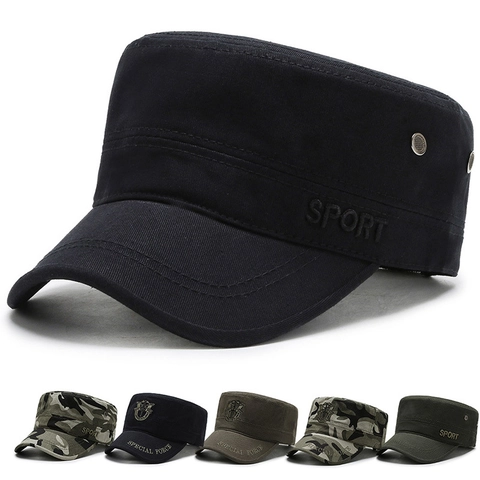 Men Military Cadet Cap Flat Top Hat Camouflage Outdoor Sport Sun Protection Adjustable Breathable Fabric Casual Style