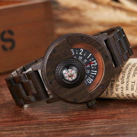 Quartz Watch Wooden Case Genuine Leather Strap With Compass Outdoor Retro Sports Men Analog Timepiece For Travel Adventure