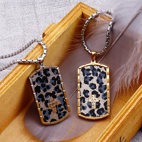Men Stainless Steel Necklace Leopard Print Dog Tag Pendant With Cross Charm Hip Hop Punk Style Trendy Fashion Jewelry