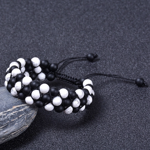 Multi Layer Beaded Bracelet Natural White Howlite Matte Black Agate Stone Woven Adjustable For Men Women Handmade