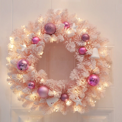 Guirnalda De Navidad Artificial Flocada Rosa Y Árbol De Escritorio Pino Nevado Con Luces LED Base De Arpillera Decoración Festiva