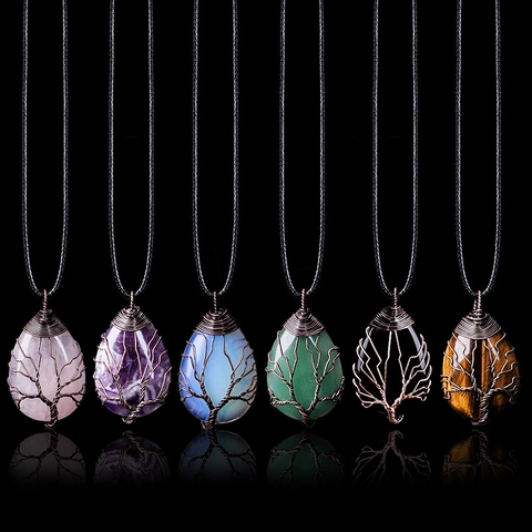 Vintage Tree Of Life Pendant Necklace Wire Wrapped Teardrop Natural Stone Amethyst Rose Quartz Tiger Eye Obsidian Jewelry For Women