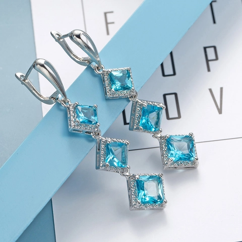 Vintage Alloy Zirconia Long Drop Earrings For Women Geometric Square Sky Blue Silver Plated Dangle Earrings Party Jewelry