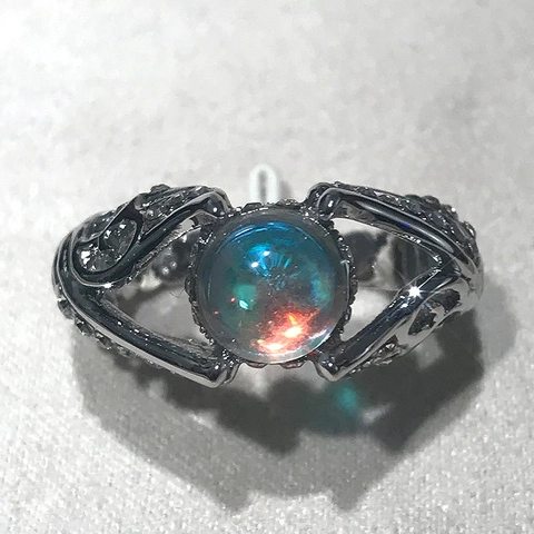 Hollow Swan Wings Ring Alloy Faux Moonstone Iridescent Rhinestone Vintage Style Jewelry For Women