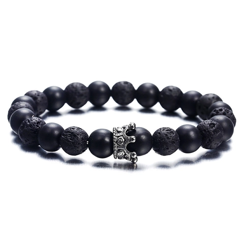 Pulsera De Cuentas De Piedra Natural Con Dije De Corona De Aleación Elástica Piedra Volcánica Ágata Mate Joyería Bohemia Para Parejas