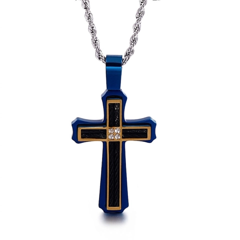 Collana Con Pendente A Croce Da Uomo Acciaio Inossidabile 316L Con Intarsio In Fibra Di Carbonio E Strass Punk Hip Hop Catena A Corda
