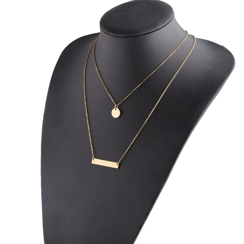 Mirror Stainless Steel Bar Round Disc Layered Necklace Trendy Minimalist Geometric Double Chain Pendant Necklace For Women